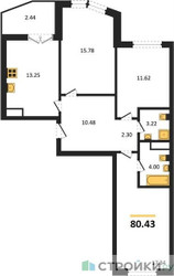 Планировка трехкомнатной(квартира) площадью 80.43 квадратных метров в ЖК “ЖК Sezar City (Сезар Сити)”