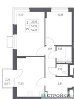 Планировка двухкомнатной(квартира) площадью 54.69 квадратных метров в “ЖК Богдановский Лес”