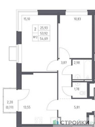 Планировка двухкомнатной(квартира) площадью 54.69 квадратных метров в ЖК “ЖК Богдановский Лес”