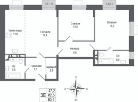 Планировка трехкомнатной(квартира) площадью 82.5 квадратных метров в “ЖК КИНОКВАРТАЛ”