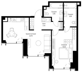 Планировка однокомнатной(квартира) площадью 61.6 квадратных метров в ЖК “ЖК Veer (Веер)”