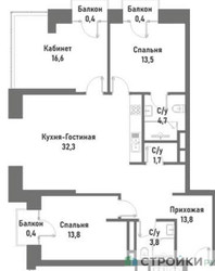 Планировка трехкомнатной(квартира) площадью 101.4 квадратных метров в ЖК “ЖК Ренессанс”