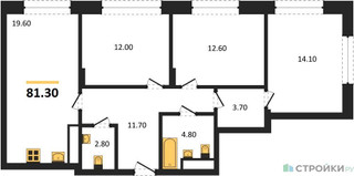 Планировка трехкомнатной(квартира) площадью 81.3 квадратных метров в “ЖК Переделкино Ближнее”