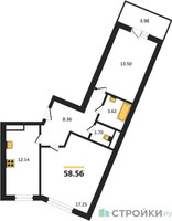 Планировка двухкомнатной(квартира) площадью 58.56 квадратных метров в “ЖК Домодедово Парк”