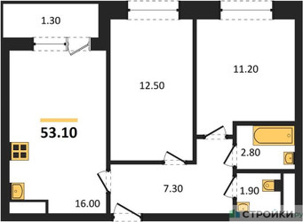 Планировка двухкомнатной(квартира) площадью 53.1 квадратных метров в ЖК “ЖК Пушкино Град”