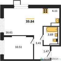 Планировка однокомнатной(квартира) площадью 39.84 квадратных метров в “ЖК Пригород Лесное”