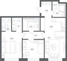Планировка трехкомнатной(квартира) площадью 62.6 квадратных метров в “ЖК Равновесие”