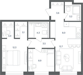 Планировка трехкомнатной(квартира) площадью 62.6 квадратных метров в ЖК “ЖК Равновесие”
