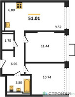 Планировка двухкомнатной(квартира) площадью 51.01 квадратных метров в “ЖК Квартал Строгино”