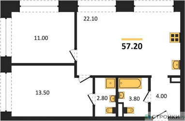 Планировка двухкомнатной(квартира) площадью 57.2 квадратных метров в ЖК “ЖК Wave (Вейв)”