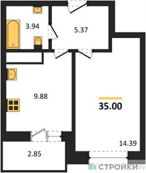 Планировка однокомнатной(квартира) площадью 35.01 квадратных метров в ЖК “ЖК ВОСТОК II”