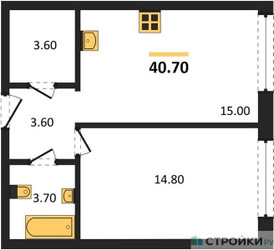Планировка однокомнатной(квартира) площадью 40.7 квадратных метров в ЖК “ЖК Portland (Портланд)”