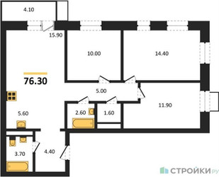 Планировка трехкомнатной(квартира) площадью 76.3 квадратных метров в ЖК “ЖК Союзный”