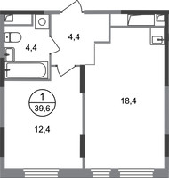 Планировка однокомнатной(квартира) площадью 39.6 квадратных метров в “ЖК Переделкино Ближнее”
