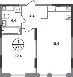 Планировка однокомнатной(квартира) площадью 39.6 квадратных метров в ЖК “ЖК Переделкино Ближнее”