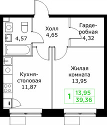 Планировка однокомнатной(квартира) площадью 39.36 квадратных метров в ЖК “ЖК КИТ 2”