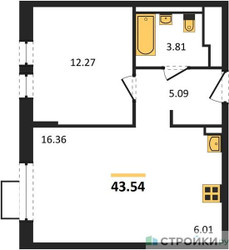 Планировка однокомнатной(квартира) площадью 43.54 квадратных метров в “ЖК Квартал Ивакино”