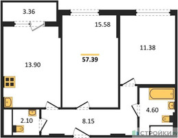 Планировка двухкомнатной(квартира) площадью 57.39 квадратных метров в “ЖК Светлый мир БиоПолис”