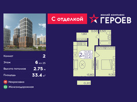 Планировка двухкомнатной(квартира) площадью 33.4 квадратных метров в “ЖК Героев”