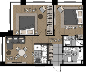 Планировка двухкомнатной(квартира) площадью 56.3 квадратных метров в ЖК “ЖК Квартал Серебряный бор”