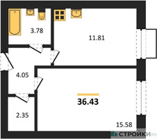 Планировка однокомнатной(квартира) площадью 36.43 квадратных метров в “ЖК Жаворонки Клаб”