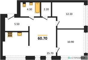 Планировка двухкомнатной(квартира) площадью 60.7 квадратных метров в “ЖК Дом А”