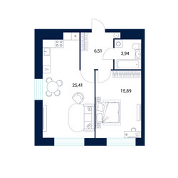Планировка однокомнатной(апартаменты) площадью 51.8 квадратных метров в ЖК “МФК DIUS (Диус)”
