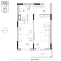 Планировка однокомнатной(квартира) площадью 39.6 квадратных метров в “ЖК Пироговская Ривьера”