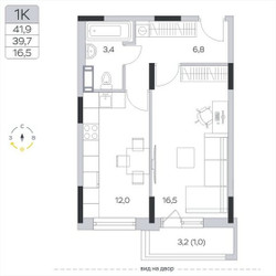 Планировка однокомнатной(квартира) площадью 39.6 квадратных метров в ЖК “ЖК Пироговская Ривьера”