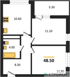 Планировка двухкомнатной(квартира) площадью 48.5 квадратных метров в ЖК “ЖК Дзен-кварталы”