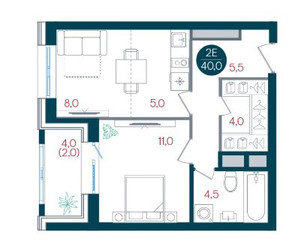 Планировка двухкомнатной(квартира) площадью 40 квадратных метров в ЖК “ЖК РУСИЧ-Кантемировский”