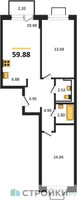 Планировка двухкомнатной(квартира) площадью 59.88 квадратных метров в “ЖК Богдановский Лес”