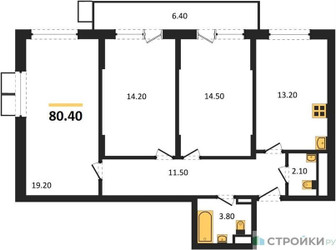 Планировка трехкомнатной(квартира) площадью 80.7 квадратных метров в ЖК “ЖК Пироговская Ривьера”