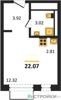 Планировка студии(квартира) площадью 22.07 квадратных метров в “ЖК Квартал Марьино”