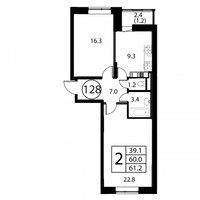 Планировка двухкомнатной(квартира) площадью 61.2 квадратных метров в “ЖК Космос”