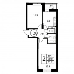 Планировка двухкомнатной(квартира) площадью 61.2 квадратных метров в ЖК “ЖК Космос”
