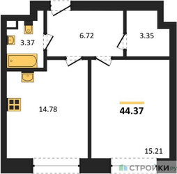 Планировка однокомнатной(квартира) площадью 44.37 квадратных метров в ЖК “ЖК Sezar City (Сезар Сити)”