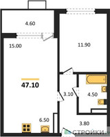 Планировка однокомнатной(квартира) площадью 47.1 квадратных метров в “ЖК Бунинские кварталы”