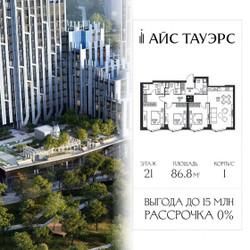 Планировка трехкомнатной(квартира) площадью 86.8 квадратных метров в ЖК “ЖК Айс Тауэрс”