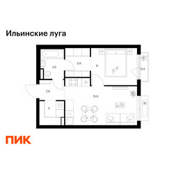 Планировка однокомнатной(квартира) площадью 38.3 квадратных метров в ЖК “ЖК Ильинские луга”
