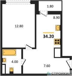 Планировка однокомнатной(квартира) площадью 34.2 квадратных метров в ЖК “ЖК Родные кварталы”