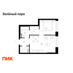 Планировка однокомнатной(квартира) площадью 37.3 квадратных метров в ЖК “ЖК Зеленый парк”