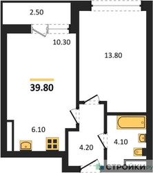 Планировка однокомнатной(квартира) площадью 39.8 квадратных метров в ЖК “ЖК Дзен-кварталы”