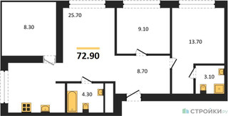 Планировка двухкомнатной(квартира) площадью 72.9 квадратных метров в “ЖК Квартал Издание”