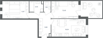 Планировка трехкомнатной(квартира) площадью 58.6 квадратных метров в ЖК “ЖК Равновесие”