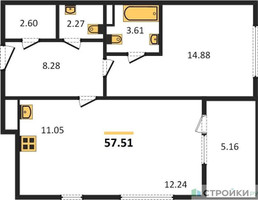 Планировка однокомнатной(квартира) площадью 57.51 квадратных метров в “Квартал Foriver”