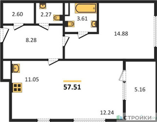 Планировка однокомнатной(квартира) площадью 57.51 квадратных метров в ЖК “Квартал Foriver”