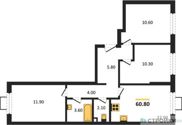 Планировка трехкомнатной(квартира) площадью 60.8 квадратных метров в ЖК “ЖК Лучи-2”