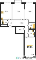 Планировка трехкомнатной(квартира) площадью 77.73 квадратных метров в ЖК “ЖК Пригород Лесное”