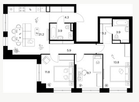 Планировка трехкомнатной(квартира) площадью 77.7 квадратных метров в “Нарвин”